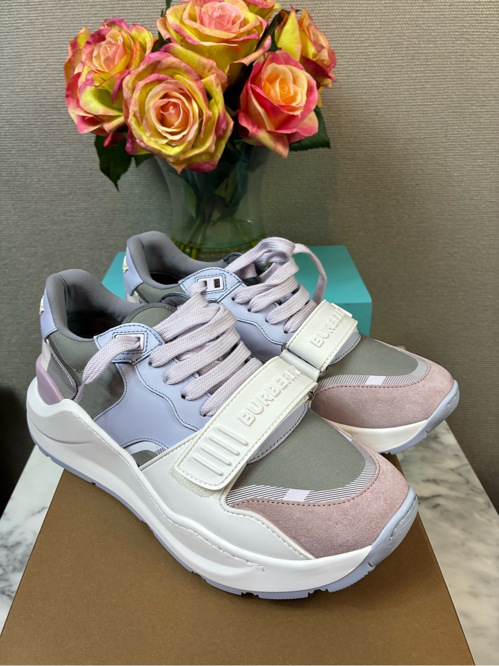 Burberry Pale Grey Lilac IP Check Ramsey Low-Top Sneakers NIB EU Size 38 = US 8
